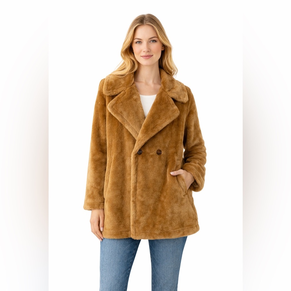 J Jason Wu Faux Fur Teddy Coat Size Small Camel Double Breasted Plush Jacket